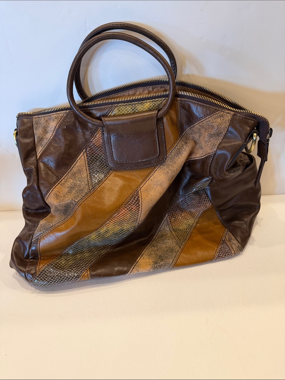 HOBO Diagonal Patchwork Leather Tote in Brown and Tan